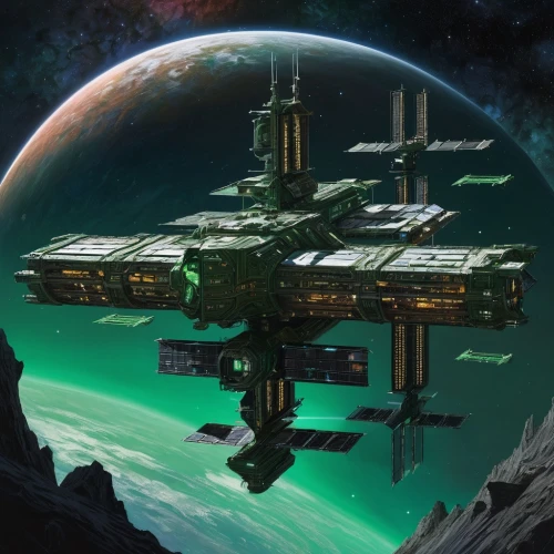 space station,earth station,space ships,carrack,federation,star ship,green aurora,solar cell base,spacescraft,sci fi,space port,battlecruiser,docked,dreadnought,research station,scifi,spaceship space,alien ship,futuristic landscape,patrol,Illustration,Realistic Fantasy,Realistic Fantasy 03