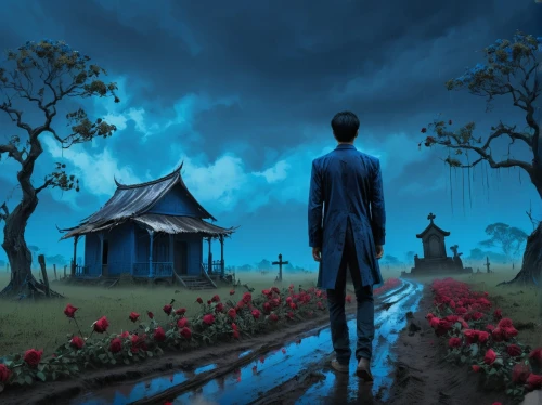 cemetary,burial ground,afterlife,cemetery,life after death,graveyard,graves,funeral,world digital painting,old graveyard,resting place,mortuary temple,blue rain,necropolis,background image,tombstones,slender,sci fiction illustration,of mourning,the grave in the earth,Conceptual Art,Fantasy,Fantasy 02