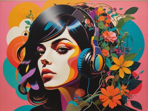 girl in flowers,music player,psychedelic art,audiophile,headphone,stereophonic sound,listening to music,headphones,cool pop art,music,girl in a wreath,kahila garland-lily,head phones,flower wall en,blogs music,earphone,graffiti art,pop art style,popart,flora,Art,Artistic Painting,Artistic Painting 34