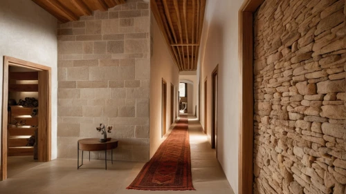 sandstone wall,hallway space,stone wall,almond tiles,wine cellar,hallway,stone floor,natural stone,luxury bathroom,casa fuster hotel,cork wall,spanish tile,luxury home interior,limestone wall,contemporary decor,wooden wall,interior modern design,clay tile,brickwork,stone house,Photography,General,Realistic