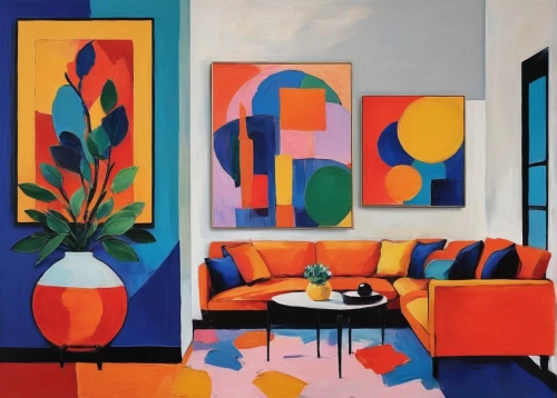 mid century modern,sitting room,living room,mid century,interior decor,an apartment,saturated colors,modern decor,apartment lounge,livingroom,contemporary decor,paintings,interior decoration,partiture,abstract painting,apartment,decor,interior design,meticulous painting,carol colman,Conceptual Art,Oil color,Oil Color 25