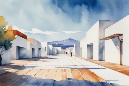 watercolor shops,palace of knossos,athens art school,white buildings,townhouses,wooden houses,amorgos,folegandros,greece,street view,street scene,watercolor background,lycian way,watercolour,watercolor,blocks of houses,hellenic,watercolors,watercolor painting,row of houses,Illustration,Paper based,Paper Based 25