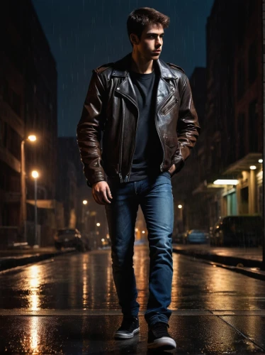 dean razorback,jensen ff,album cover,portrait background,social,leather boots,leather jacket,spotify icon,walking in the rain,portrait photography,photo session at night,jeans background,digital compositing,scene lighting,pedestrian,portrait photographers,jacket,cd cover,a pedestrian,kabir,Conceptual Art,Sci-Fi,Sci-Fi 20