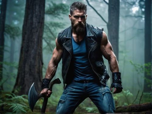 wolverine,woodsman,wolfman,dane axe,lumberjack,god of thunder,saw blade,axe,action hero,mercenary,male character,aa,hatchet,digital compositing,farmer in the woods,damme,renegade,handsaw,cleanup,serrated blade,Illustration,American Style,American Style 01
