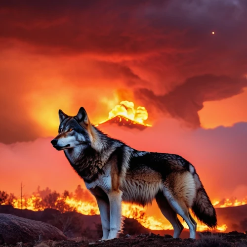 fire on sky,howling wolf,vigilant dog,fire background,nature's wrath,wildfire,saarloos wolfdog,fire in the mountains,wolfdog,tamaskan dog,sakhalin husky,apocalyptic,red wolf,husky,wildfires,forest fire,lake of fire,native american indian dog,scent hound,northern inuit dog,Photography,General,Realistic