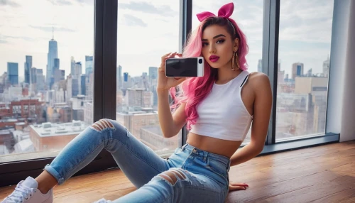 a girl with a camera,toni,camera,on the phone,taking photos,taking photo,photo shoot on the floor,dslr,ny,lycia,taking picture,photo camera,mini e,nikon📸,the blonde photographer,silphie,photographer,pink hat,pink hair,phone icon,Illustration,Black and White,Black and White 27