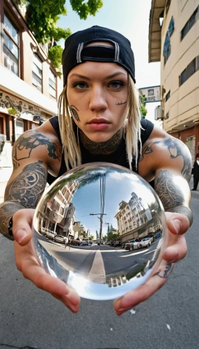 crystal ball-photography,crystal ball,magnifying lens,lensball,glass sphere,magnify glass,fish eye,fisheye lens,magnifying glass,lens reflection,looking glass,street dancer,magnifier glass,spherical image,parabolic mirror,exterior mirror,magnifying,magnifier,clear bowl,glass picture,Photography,General,Realistic