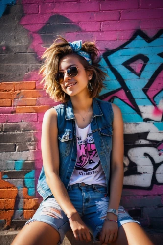 girl in t-shirt,portrait background,jeans background,graffiti,denim background,colorful background,brick wall background,pink background,portrait photography,retro girl,bandana background,photographic background,concrete background,80s,girl in overalls,photo session in torn clothes,photo shoot with edit,city ​​portrait,young model,female model,Conceptual Art,Oil color,Oil Color 16
