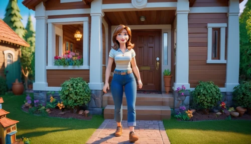 girl in overalls,3d render,3d rendered,girl in the garden,angelica,rapunzel,3d model,bungalow,girl walking away,lis,3d rendering,overalls,maya,b3d,suburban,neighbors,croft,girl sitting,cute cartoon character,cg artwork,Unique,3D,Isometric