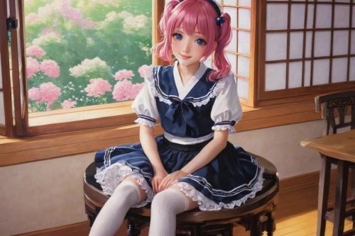 sitting on a chair,anime japanese clothing,sakura,pink chair,anime girl,luka,sakura blossom,watercolor cafe,pianist,japanese kawaii,pink hair,piano,painter doll,sakura background,kawaii,japanese sakura background,school uniform,sitting,girl studying,sakura blossoms,Art,Artistic Painting,Artistic Painting 21