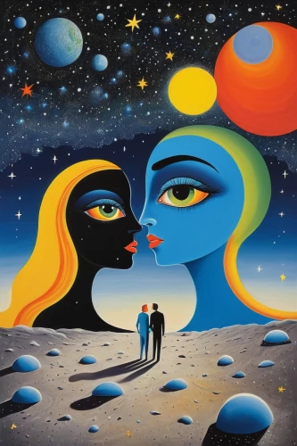 celestial bodies,global oneness,sun and moon,astronomers,man and woman,psychedelic art,polarity,attraction,honeymoon,horoscope libra,scene cosmic,two people,astronomy,amorous,horoscope pisces,binary system,the universe,consciousness,planetary system,universe,Art,Artistic Painting,Artistic Painting 33