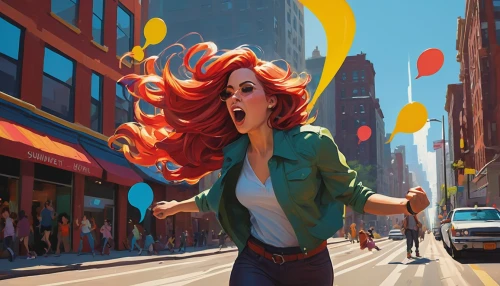 transistor,girl with speech bubble,colorful balloons,pedestrian,world digital painting,girl walking away,little girl with balloons,red balloons,transistor checking,a pedestrian,digital painting,sci fiction illustration,colorful city,woman walking,clary,red balloon,balloons,sprint woman,pedestrians,woman pointing,Conceptual Art,Oil color,Oil Color 12