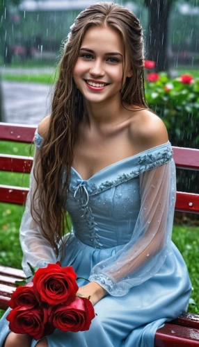 romantic portrait,cinderella,red rose in rain,girl in a long dress,celtic woman,romantic look,beautiful girl with flowers,girl sitting,a charming woman,yellow rose on red bench,rose png,a girl's smile,fairy tale character,portrait background,young woman,woman sitting,beautiful young woman,girl in a historic way,a girl in a dress,girl in the garden,Photography,General,Realistic