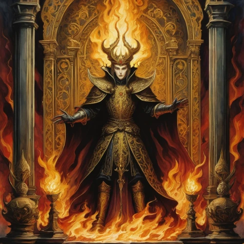 pillar of fire,death god,archimandrite,flickering flame,golden candlestick,hall of the fallen,emperor,burning torch,sepulchre,portal,fire siren,pagan,fire angel,the white torch,priestess,archangel,horn of amaltheia,fire master,sorceress,diablo,Illustration,Abstract Fantasy,Abstract Fantasy 09