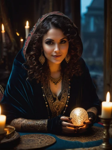 candlemaker,fortune telling,fortune teller,crystal ball-photography,merida,sorceress,ball fortune tellers,celtic queen,cepora judith,divination,golden candlestick,the enchantress,persian,artemisia,gift of jewelry,candlelights,priestess,silversmith,gold jewelry,girl in a historic way,Conceptual Art,Sci-Fi,Sci-Fi 01
