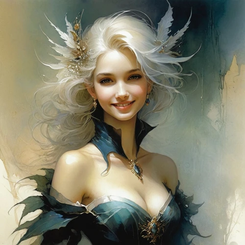 fantasy portrait,fantasy art,fantasy woman,white rose snow queen,sorceress,fantasy girl,fantasy picture,heroic fantasy,the enchantress,faerie,white lady,fairy queen,fairy tale character,the snow queen,the sea maid,massively multiplayer online role-playing game,blue enchantress,faery,tiber riven,baroque angel,Illustration,Realistic Fantasy,Realistic Fantasy 16