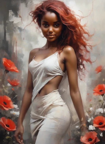 african american woman,african woman,beautiful african american women,nigeria woman,black woman,safflower,world digital painting,girl in flowers,flower girl,warrior woman,oil painting on canvas,young woman,image manipulation,femininity,portrait background,black women,flower of passion,rose white and red,rosa ' amber cover,fantasy woman
