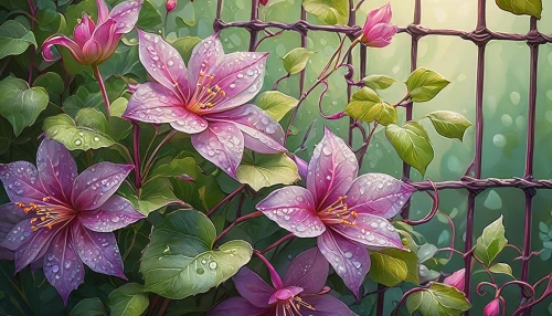 clematis,lilies,flower painting,epiphyllum,amaryllis belladonna,lillies,kahila garland-lily,passion flower vine,trellis,stargazer lily,torch lilies,trusses of torch lilies,passionflower,rain lily,palm lilies,common clematis,common passion flower,day lilly,passiflora,guernsey lily,Art,Artistic Painting,Artistic Painting 41