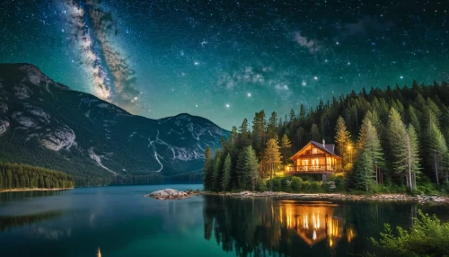 the cabin in the mountains,house with lake,starry night,emerald lake,starry sky,log cabin,the milky way,milky way,house in mountains,house in the mountains,moon and star background,log home,milkyway,small cabin,home landscape,fantasy picture,the night sky,night sky,meteor shower,lonely house,Photography,General,Natural