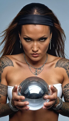 crystal ball-photography,crystal ball,handpan,warrior woman,maori,hard woman,female warrior,horoscope libra,body piercing,metal implants,shamanism,kettlebell,magnifying glass,magnifying lens,asian vision,divine healing energy,kettlebells,glass sphere,breastplate,looking glass,Photography,General,Realistic