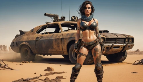 mad max,wasteland,rust truck,croft,post apocalyptic,off-road outlaw,desert safari,dodge la femme,car repair,metal rust,scrapyard,fallout4,junkyard,burning man,scrap dealer,dacia,arid land,scrapped car,hard woman,renegade,Art,Classical Oil Painting,Classical Oil Painting 25