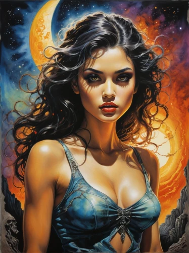 fantasy art,fantasy woman,sorceress,the enchantress,fantasy portrait,horoscope libra,fantasy picture,blue moon rose,oil painting on canvas,mystical portrait of a girl,heroic fantasy,rosa ' amber cover,callisto,zodiac sign libra,wonderwoman,moonflower,art painting,celestial body,blue enchantress,warrior woman,Illustration,Vector,Vector 15