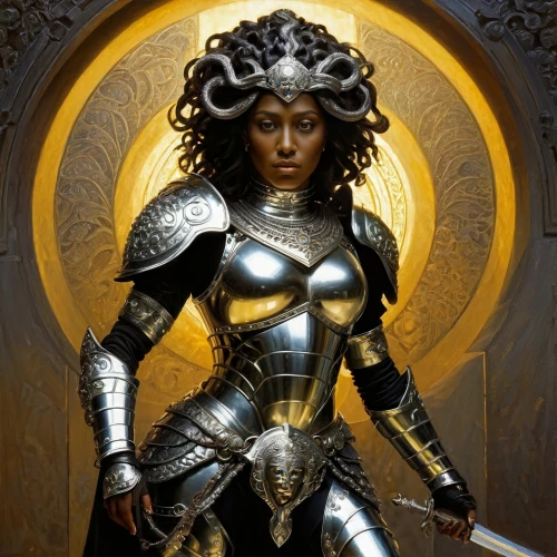 female warrior,warrior woman,heroic fantasy,joan of arc,paladin,fantasy woman,breastplate,fantasy warrior,sci fiction illustration,swordswoman,armor,african american woman,fantasy art,lady justice,head woman,fantasy portrait,knight armor,artemisia,black women,black woman