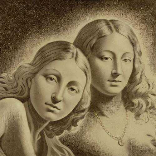 two girls,vintage drawing,sepia,charcoal drawing,mother and daughter,little girl and mother,mom and daughter,mother with child,gothic portrait,mother and child,1940 women,capricorn mother and child,botticelli,young women,porcelain dolls,chalk drawing,pencil drawings,the three graces,pencil drawing,la nascita di venere,Art sketch,Art sketch,Retro
