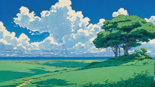 studio ghibli,landscape background,high landscape,an island far away landscape,blue sky clouds,skyland,yamada's rice fields,sky,rural landscape,grasslands,landscape,cloudless,scenery,plains,hokkaido,grassland,blue sky and clouds,panoramic landscape,blue sky,would a background,Illustration,Japanese style,Japanese Style 14