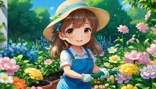 flower painting,flower background,picking flowers,spring background,springtime background,girl picking flowers,country dress,miku maekawa,yui hirasawa k-on,countrygirl,girl in flowers,girl in overalls,gardening,holding flowers,floral greeting,summer flower,overalls,blooming field,floral background,field of flowers,Illustration,Japanese style,Japanese Style 01
