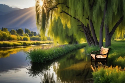 weeping willow,landscape background,hanging willow,world digital painting,green landscape,willow flower,tranquility,river landscape,japan landscape,chair in field,lone tree,rice fields,meadow landscape,nature landscape,ricefield,landscape nature,new zealand,idyll,beautiful landscape,fantasy picture,Photography,Artistic Photography,Artistic Photography 06
