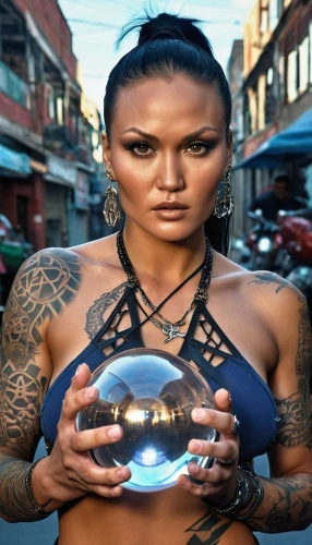 crystal ball-photography,crystal ball,asian vision,buddha focus,ball fortune tellers,tattoo girl,filipino,earth chakra,warrior woman,shamanism,asian woman,catrina,chakras,amber stone,avatar,maori,santana,glass sphere,see-through clothing,heart chakra,Photography,General,Realistic