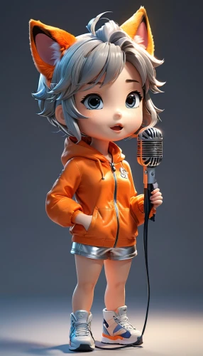 child fox,cute cartoon character,3d figure,little fox,mic,pubg mascot,chibi,cute fox,singing,vocaloid,3d model,funko,vocal,rap,orange,sing,chibi girl,soundcloud icon,rapper,singer,Unique,3D,3D Character