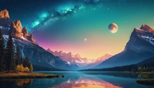 fantasy landscape,fantasy picture,moon and star background,landscape background,alien world,space art,alien planet,futuristic landscape,full hd wallpaper,world digital painting,galaxy,vast,unicorn background,beautiful landscape,hd wallpaper,giant mountains,fantasy art,aurora borealis,heaven lake,nature landscape,Photography,General,Realistic