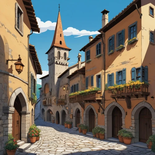 tuscan,medieval street,volterra,medieval town,medieval architecture,houses clipart,buildings italy,tuscany,italy,lombardy,montepulciano,old town,spa town,rothenburg,beautiful buildings,lucca,provence,the cobbled streets,citta alta in bergamo,alpine village,Illustration,Japanese style,Japanese Style 07