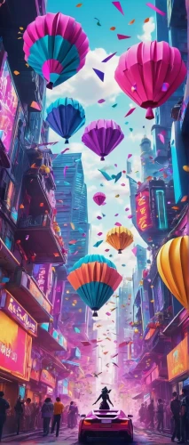 cyberpunk,colorful city,fantasy city,umbrellas,hong kong,3d fantasy,cg artwork,futuristic landscape,shanghai,music background,colorful balloons,futuristic,overhead umbrella,huge umbrellas,art background,background image,world digital painting,panoramical,game illustration,the fan's background,Unique,Paper Cuts,Paper Cuts 02