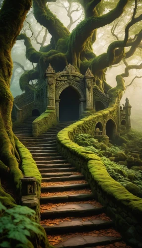 fantasy landscape,elven forest,the mystical path,fantasy picture,forest path,fairytale forest,hobbiton,winding steps,green forest,enchanted forest,crooked forest,druid grove,wooden path,witch's house,the path,tree top path,pathway,fairy forest,forest landscape,fantasy art,Conceptual Art,Graffiti Art,Graffiti Art 10