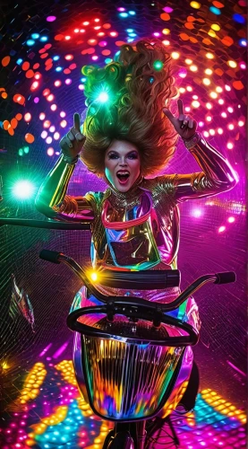 disco,neon carnival brasil,neon body painting,artistic roller skating,burning man,party bike,psychedelic art,roller skating,disco ball,cirque,colored lights,prism ball,bjork,cirque du soleil,discobole,trip computer,80s,prismatic,pinball,spinning,Illustration,Realistic Fantasy,Realistic Fantasy 38