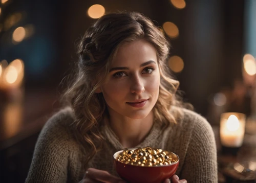 woman eating apple,girl with cereal bowl,woman drinking coffee,candlemaker,popcorn maker,girl with speech bubble,candlelights,fairy lights,pop corn,woman with ice-cream,thirteen desserts,kettle corn,popcorn,dandelion coffee,cappuccino,visual effect lighting,popcorn machine,girl with bread-and-butter,woman at cafe,actress,Photography,General,Cinematic