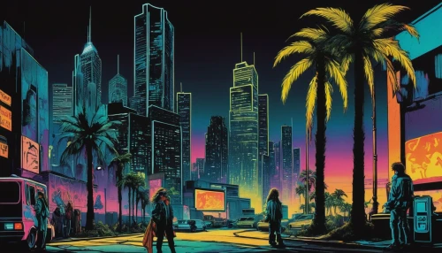 cyberpunk,fantasy city,los angeles,cities,city in flames,cityscape,black city,city lights,futuristic landscape,city cities,sci fiction illustration,miami,big city,capital cities,evening city,colorful city,citylights,city,the city,80's design,Illustration,Retro,Retro 25