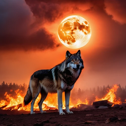 howling wolf,tamaskan dog,apocalyptic,wolfdog,vigilant dog,saarloos wolfdog,howl,red sun,fire background,apocalypse,blood moon,blood moon eclipse,sakhalin husky,full moon,wolf,halden hound,king shepherd,husky,werewolves,scorched earth,Photography,General,Realistic