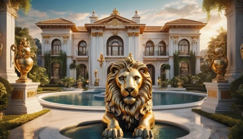lion fountain,king of the jungle,europe palace,mansion,kingdom,royal tiger,water palace,luxury property,palace,leo,world digital painting,gold castle,venetian hotel,lion capital,venetian,lion,the palace,fantasy picture,marble palace,vittoriano,Illustration,Black and White,Black and White 07
