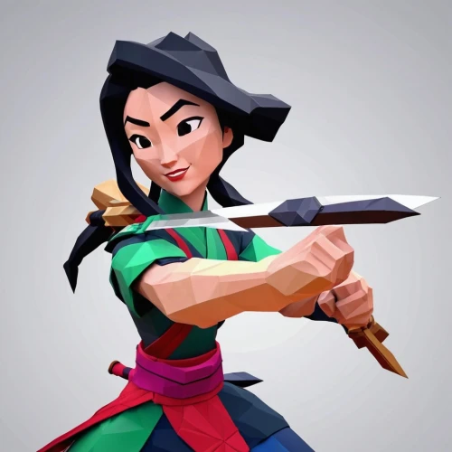 mulan,swordswoman,yi sun sin,female warrior,katana,wushu,wuchang,xiaochi,samurai fighter,shen,xing yi quan,kungfu,hwachae,kenjutsu,disney character,vector illustration,aladha,vector girl,bow and arrow,bow and arrows,Unique,3D,Low Poly