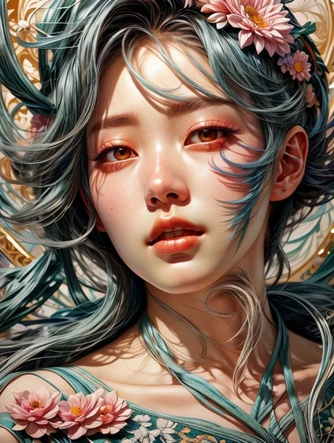 fantasy portrait,fantasy art,flower fairy,falling flowers,flora,world digital painting,digital painting,mint blossom,girl in flowers,mystical portrait of a girl,digital art,japanese floral background,jasmine blossom,bloom,blossom,kahila garland-lily,faery,medusa,japanese art,faerie