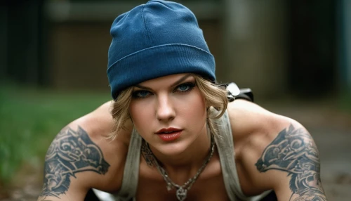 tattoo girl,the hat-female,marylyn monroe - female,with tattoo,crown cap,hard woman,poison,countrygirl,leather hat,beanie,crown caps,tattoos,beret,girl wearing hat,blonde woman,rosemary,tattooed,womans hat,bad girl,hat womens,Photography,General,Cinematic