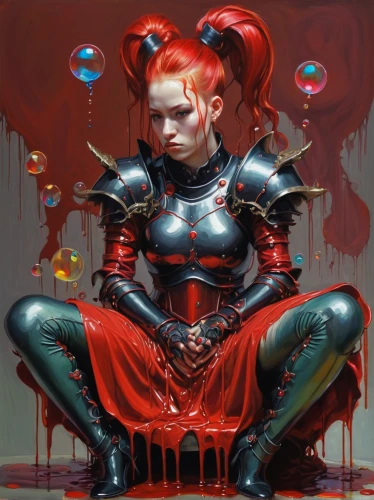 queen of hearts,dripping blood,a drop of blood,red paint,harley quinn,red hood,red balloons,sci fiction illustration,red matrix,red balloon,fantasy portrait,transistor,maraschino,poisonous,two-point-ladybug,fantasy art,red,jester,blood drop,red apple,Illustration,Realistic Fantasy,Realistic Fantasy 07