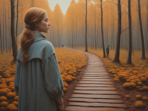 girl with tree,forest path,mystical portrait of a girl,forest of dreams,pathway,the mystical path,the path,the autumn,girl in a long,oil painting on canvas,forest walk,girl with bread-and-butter,woman walking,autumn idyll,girl walking away,fantasy portrait,light of autumn,the wanderer,autumn forest,oil on canvas,Conceptual Art,Daily,Daily 30