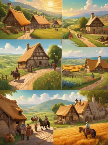 villages,knight village,wooden houses,village life,farm background,thatch roof,thatch,mountain village,villagers,germanic tribes,picture puzzle,thatching,aurora village,alpine village,backgrounds,alpine pastures,village scene,straw carts,farms,chalets,Conceptual Art,Fantasy,Fantasy 18