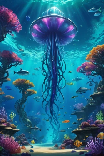 underwater background,under sea,jellyfish,under the sea,mermaid background,underwater landscape,undersea,underwater world,coral reef,marine biology,ocean underwater,ocean background,the bottom of the sea,anemone of the seas,sea-life,underwater oasis,jellyfish collage,aquarium,deep sea,ocean floor,Illustration,Realistic Fantasy,Realistic Fantasy 20