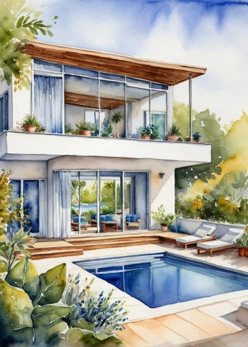 mid century house,pool house,mid century modern,modern house,holiday villa,home landscape,tropical house,luxury property,watercolor,contemporary,watercolor blue,house drawing,dunes house,house by the water,florida home,roof landscape,landscape design sydney,beautiful home,landscape designers sydney,watercolor painting,Illustration,Paper based,Paper Based 24